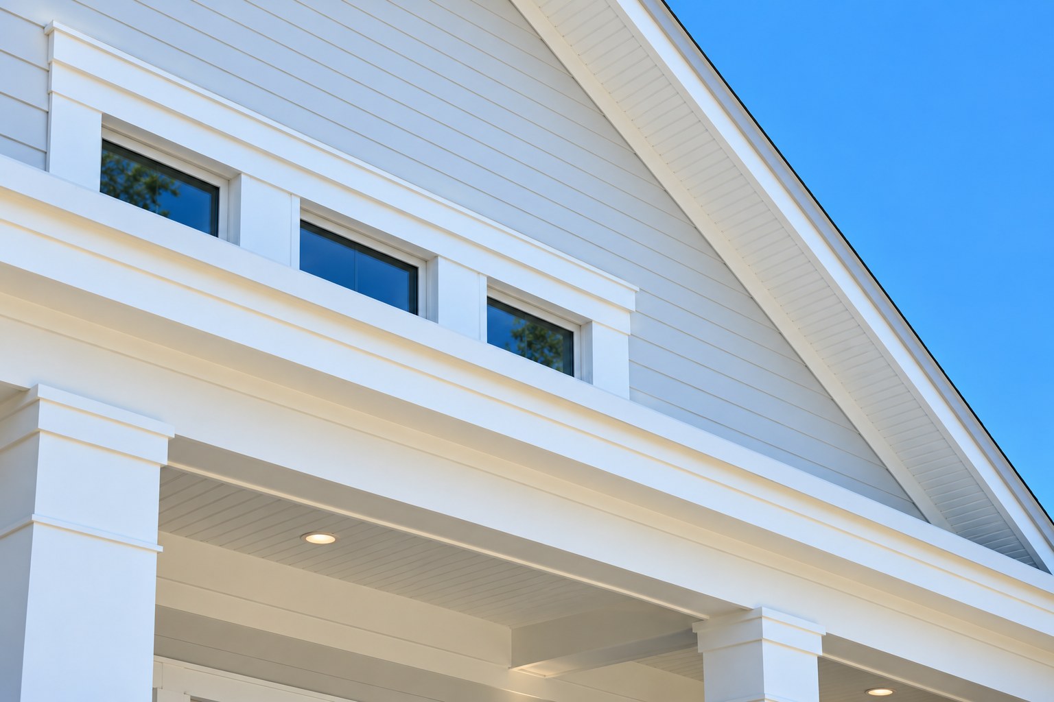Close-up low-angle view of a coastal home's gable roofline and covered porch against a clear blue sky